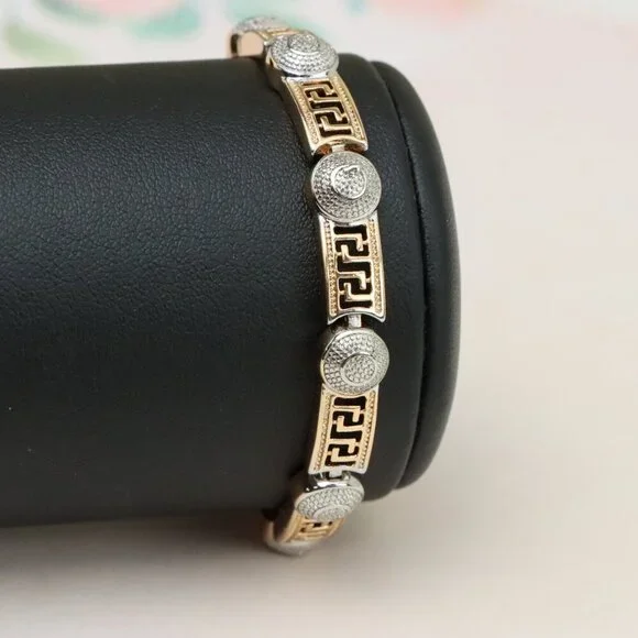 "Greek Key Rose Gold Bracelet with Silver Disc Accents, XPBL0792 - Picture 9 of 12